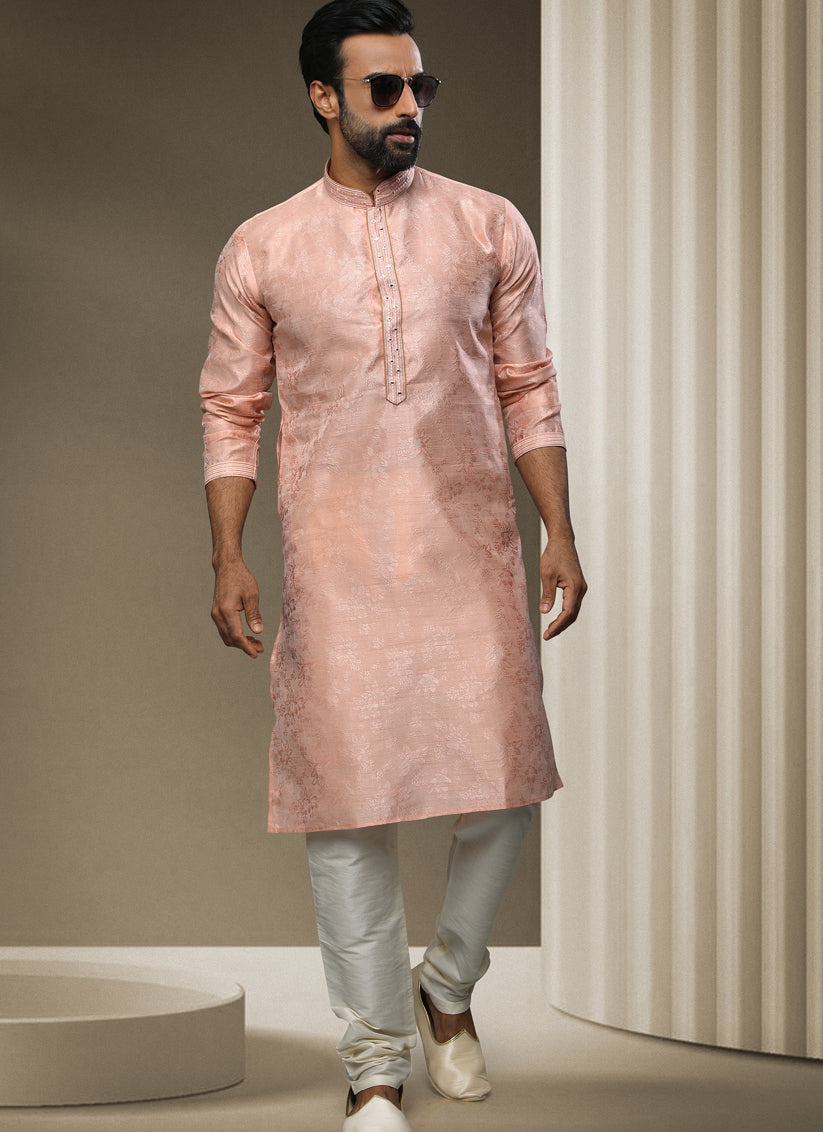 Blush Peach Jacquard Silk Brocade Kurta Pyjama Set
