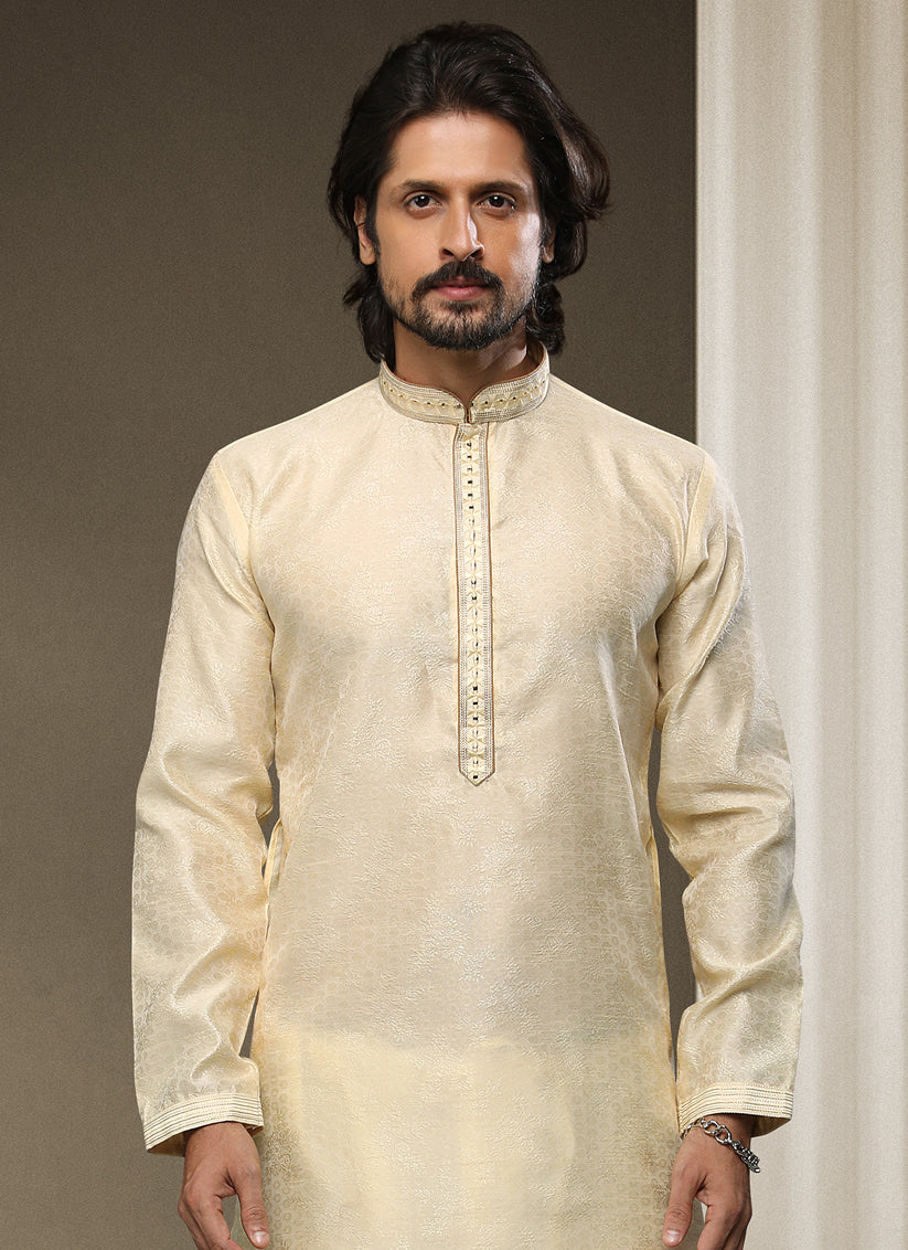 Cream Jacquard Silk Brocade Kurta Pyjama Set