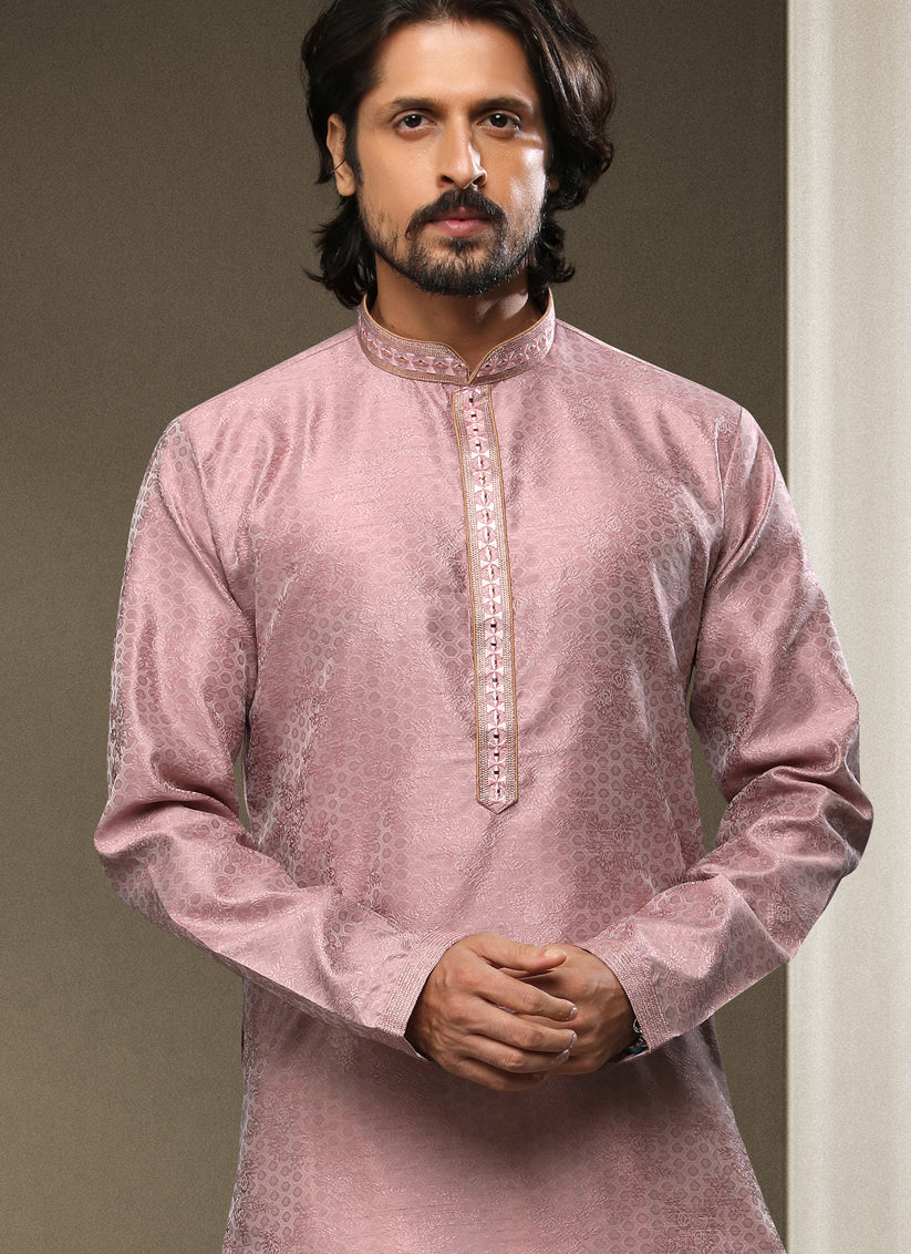 Dusty Pink Jacquard Silk Brocade Kurta Pyjama Set