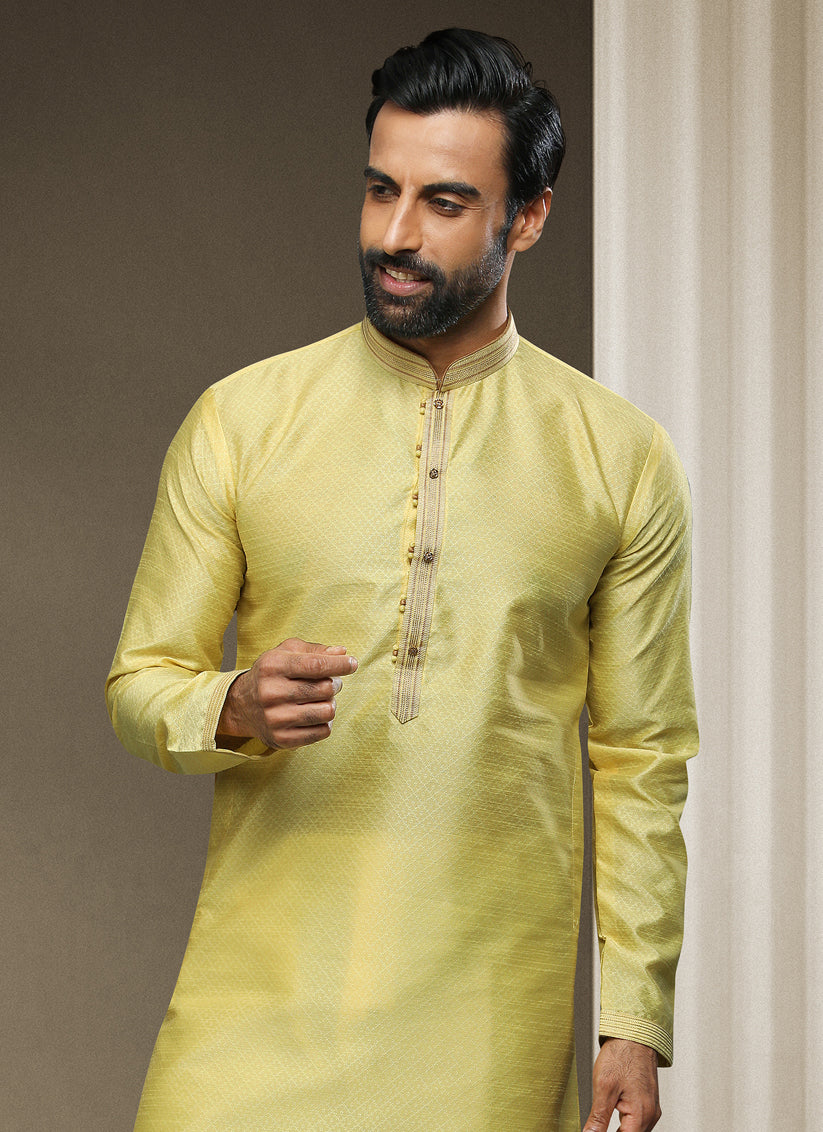 Lemon Jacquard Silk Brocade Kurta Pyjama Set