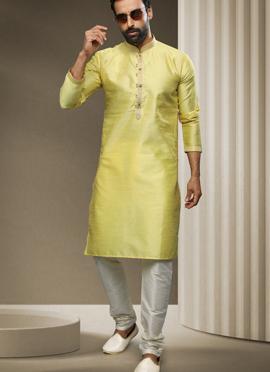 Lemon Jacquard Silk Brocade Kurta Pyjama Set