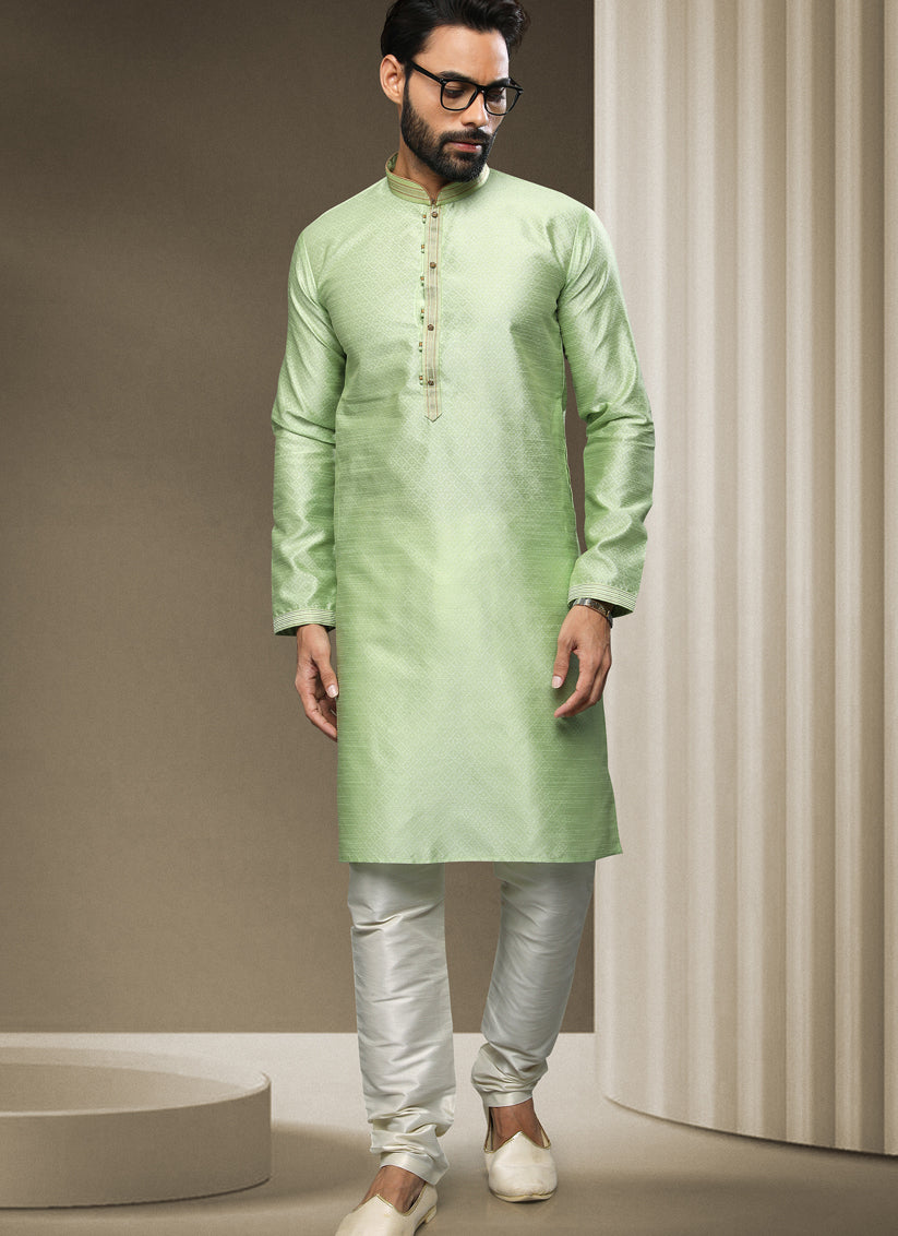 Pastel Green Jacquard Silk Brocade Kurta Pyjama Set