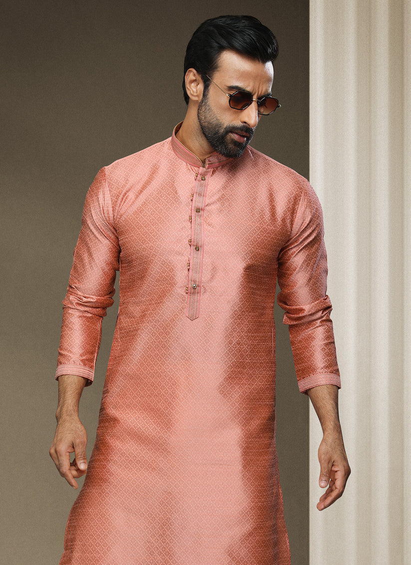 Peach Jacquard Silk Brocade Kurta Pyjama Set