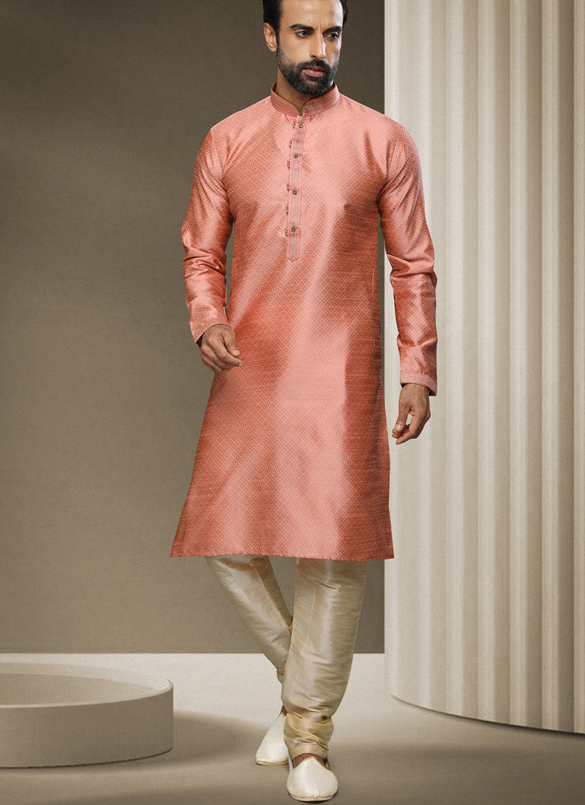 Peach Jacquard Silk Brocade Kurta Pyjama Set