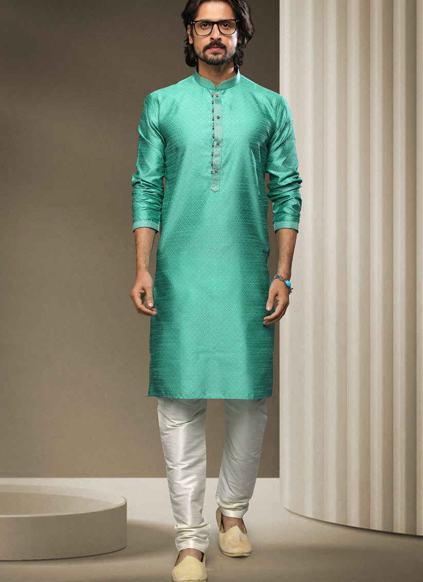 Sea Green Jacquard Silk Brocade Kurta Pyjama Set