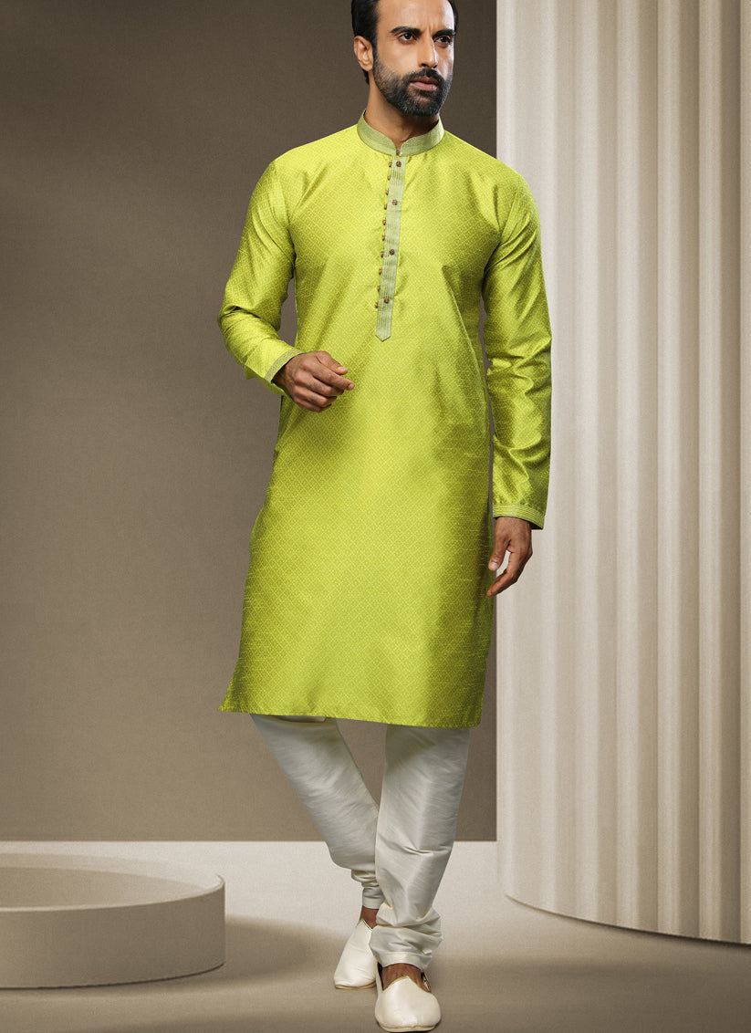 Fluorescent Green Jacquard Silk Brocade Kurta Pyjama Set