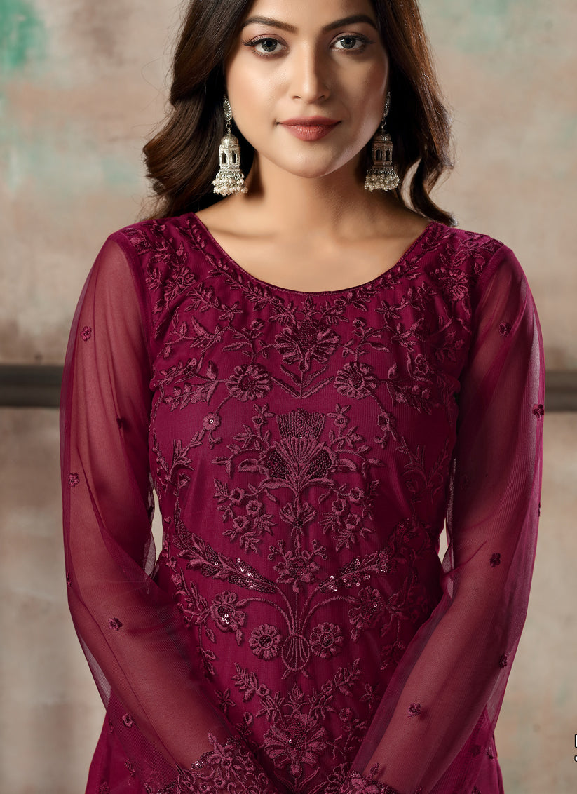 Wine Net Embroidered Designer Pant Kameez