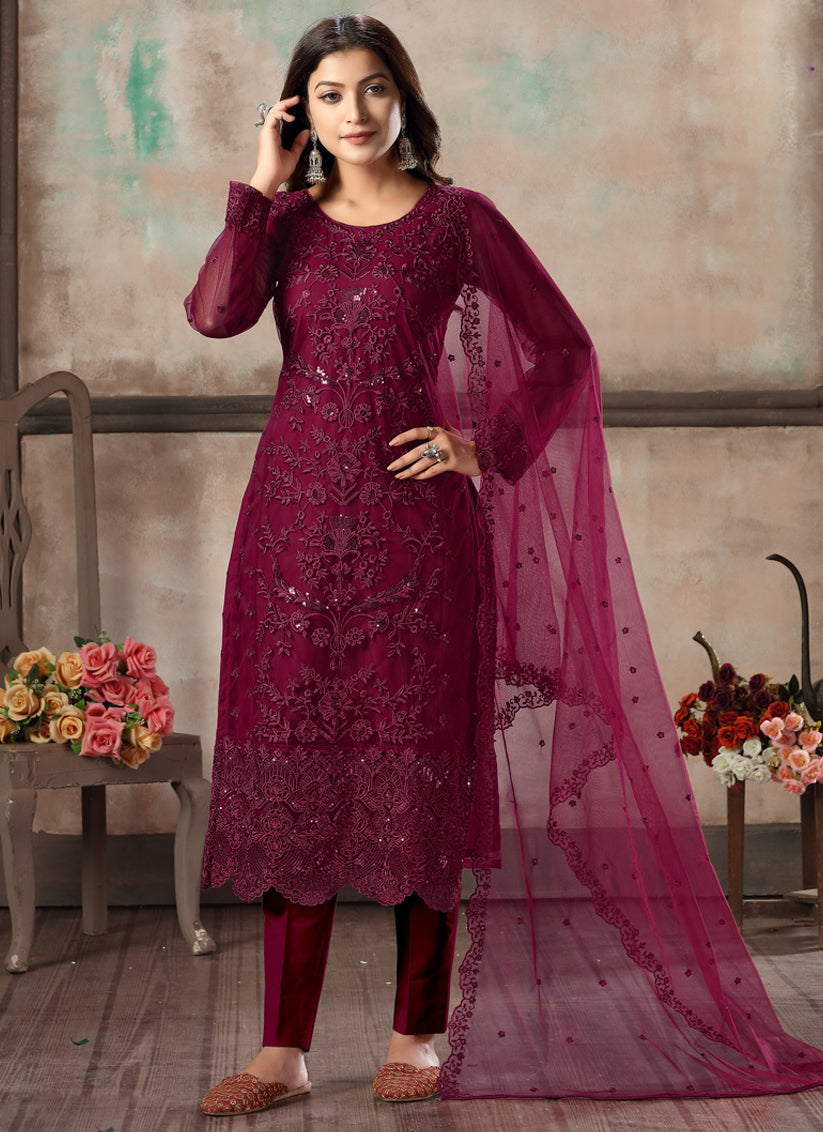 Wine Net Embroidered Designer Pant Kameez