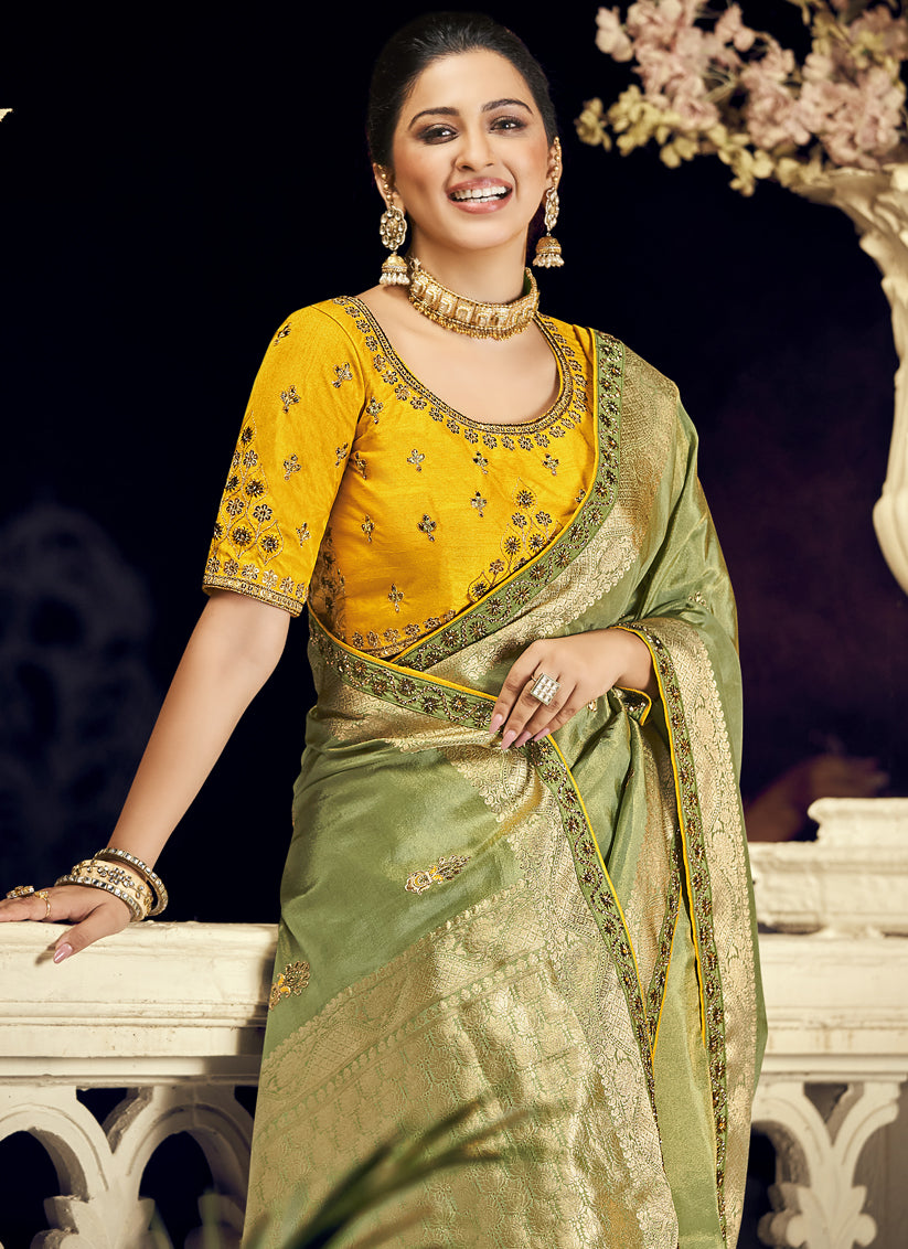 Sage Green Silk Embroidered Wedding Saree