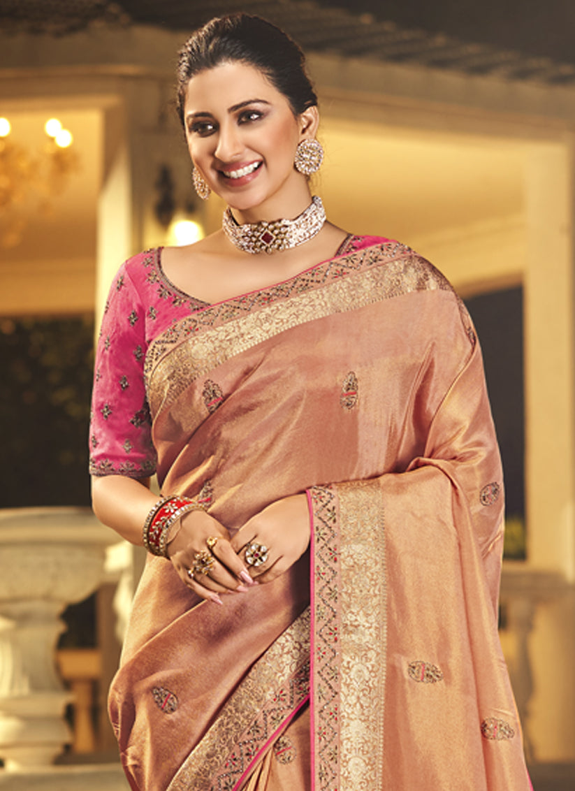 Peach Silk Embroidered Wedding Saree