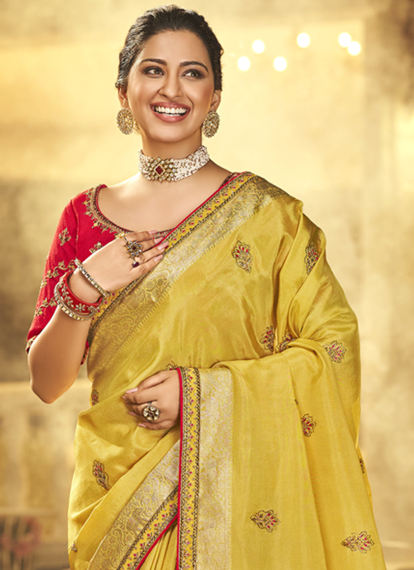 Lamon Yellow Silk Embroidered Wedding Saree