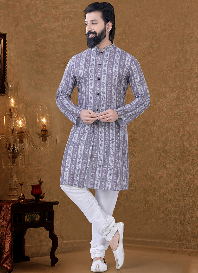 Grey Cotton Printed Mens Kurta Pyjama Set