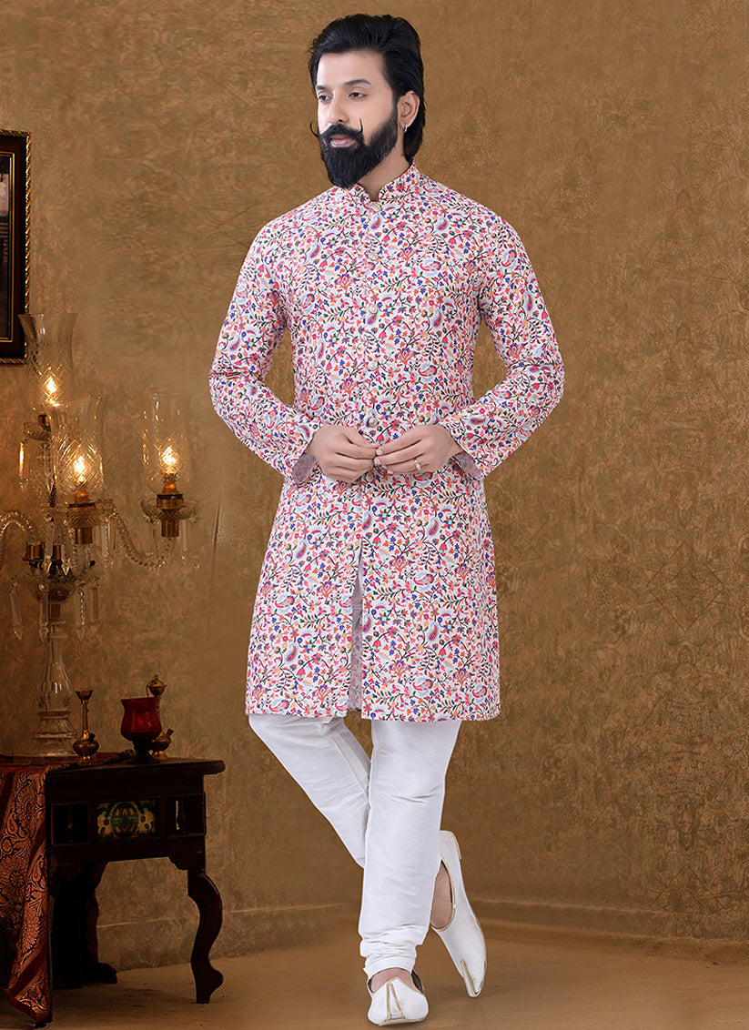 White Cotton Printed Mens Kurta Pyjama Set