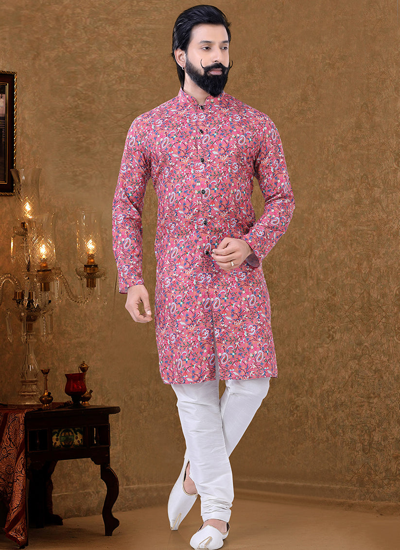 Pink Cotton Printed Mens Kurta Pyjama Set