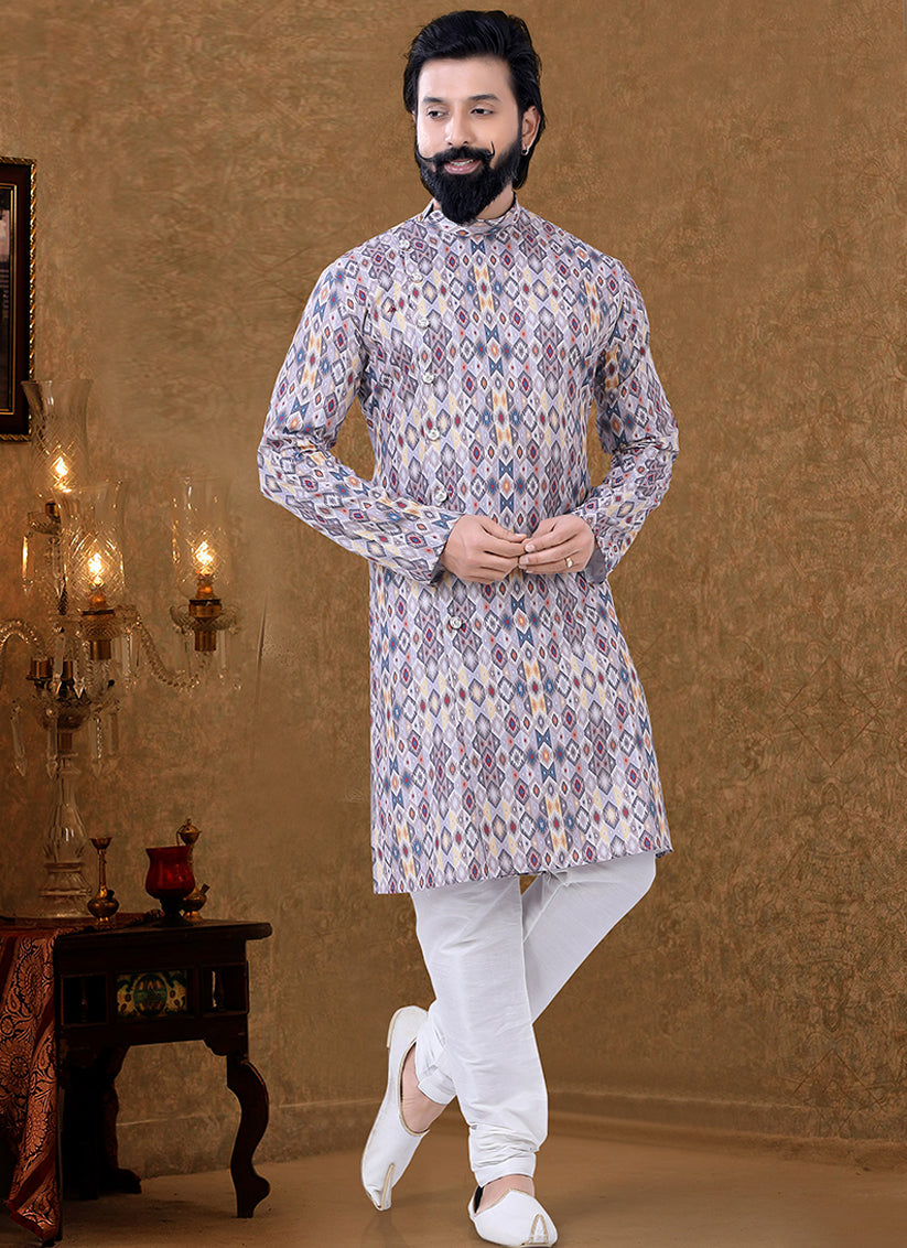 Grey Cotton Printed Mens Kurta Pyjama Set
