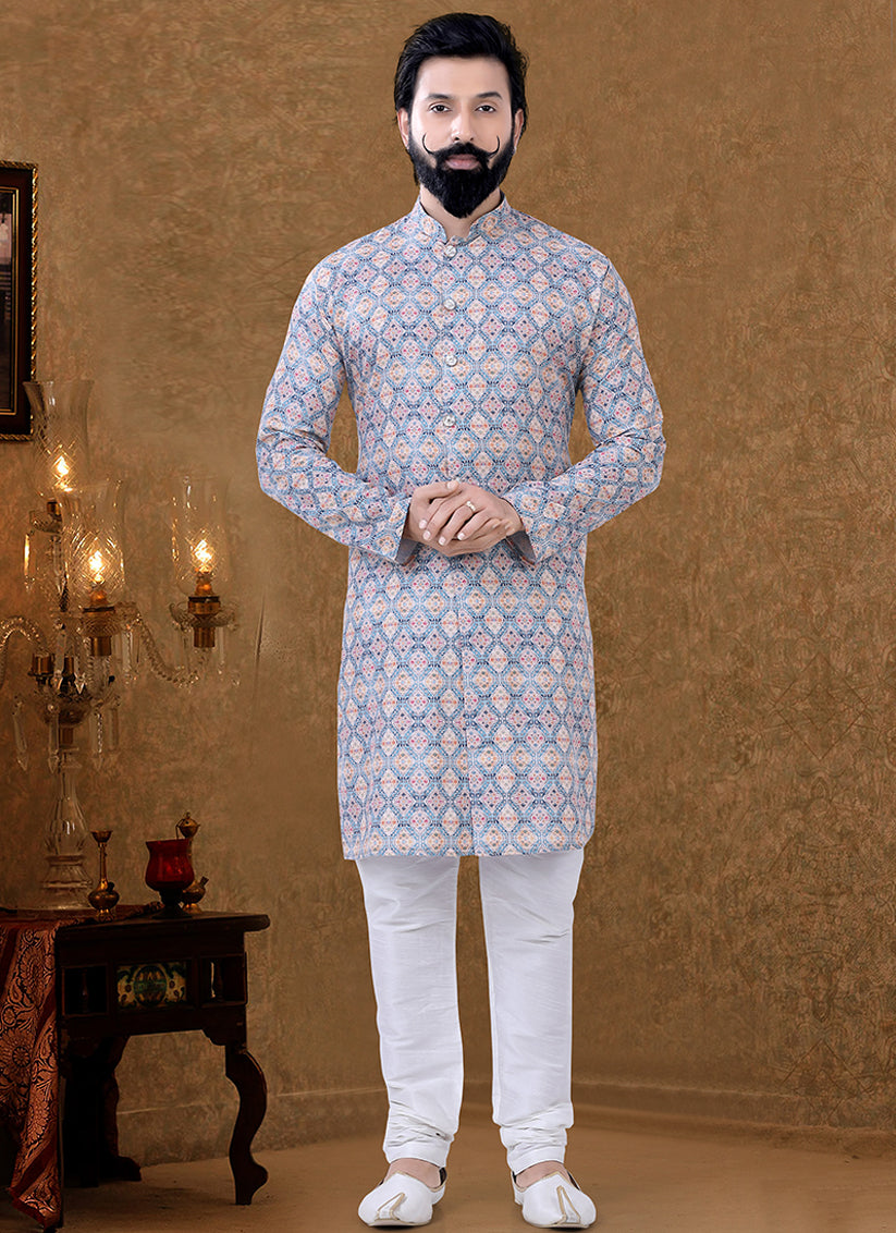 Grey Cotton Printed Mens Kurta Pyjama Set