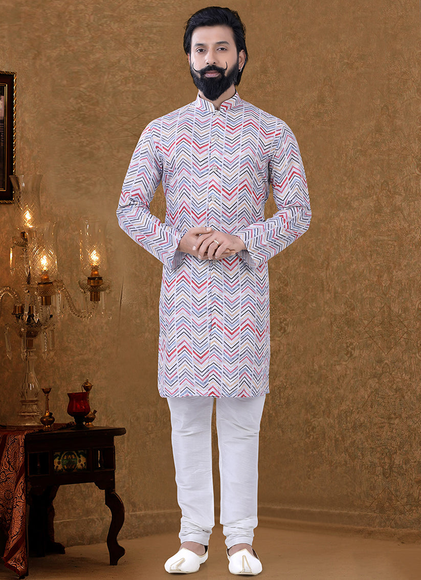 Grey Cotton Printed Mens Kurta Pyjama Set