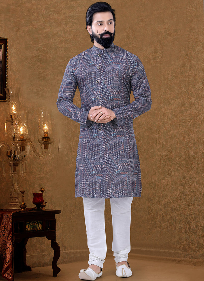 Grey Cotton Printed Mens Kurta Pyjama Set