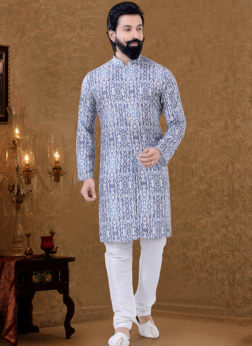 Grey Cotton Printed Mens Kurta Pyjama Set