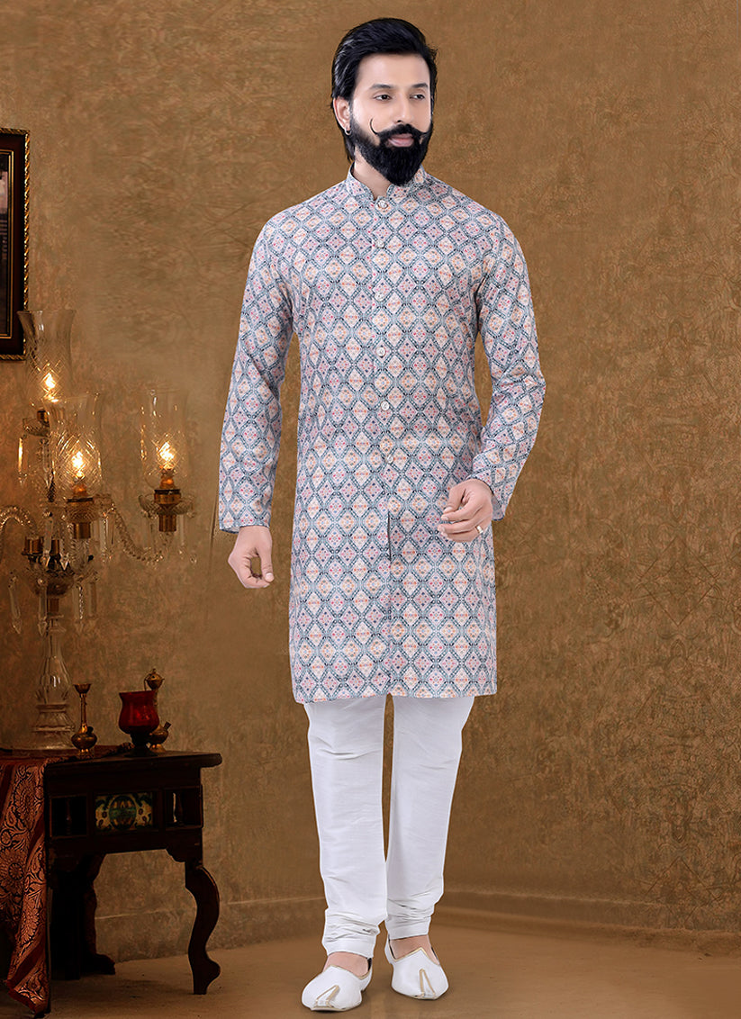 Grey Cotton Printed Mens Kurta Pyjama Set