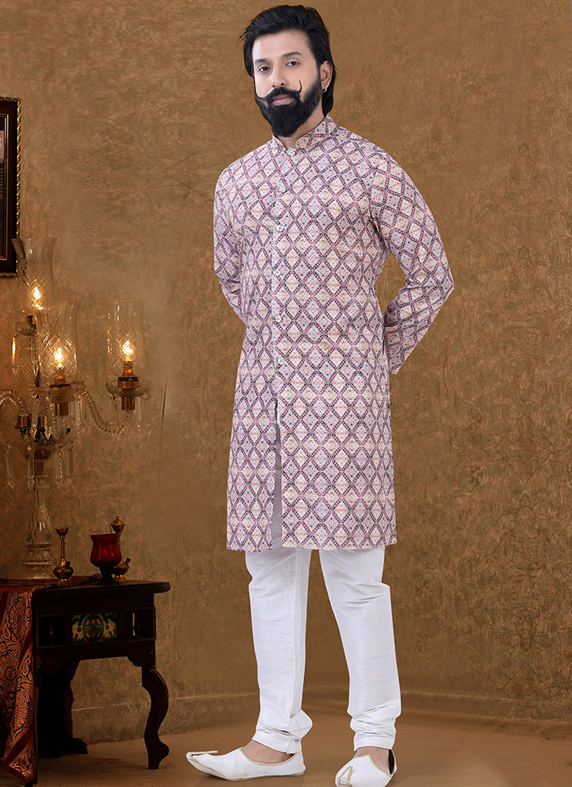 Grey Cotton Printed Mens Kurta Pyjama Set