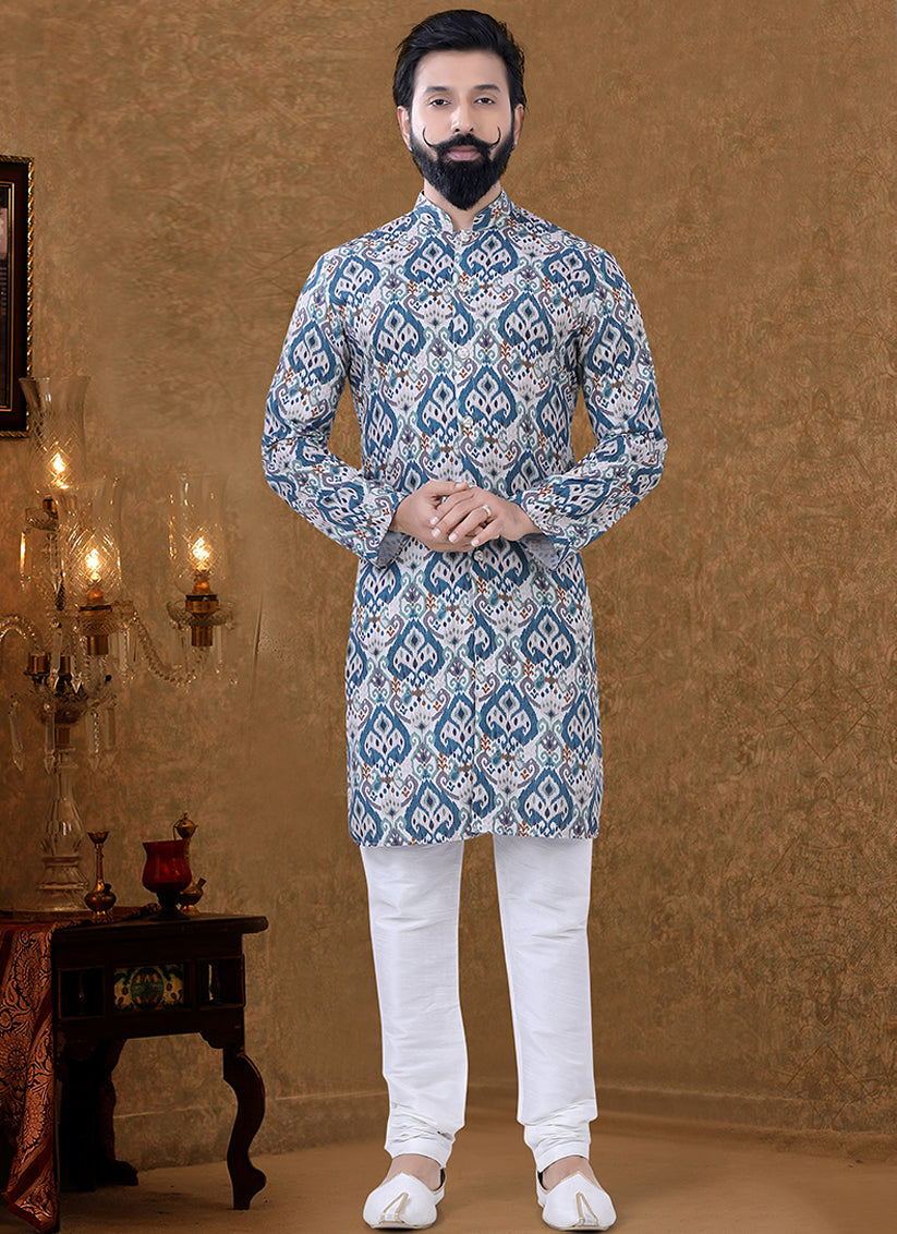 Grey Cotton Printed Mens Kurta Pyjama Set