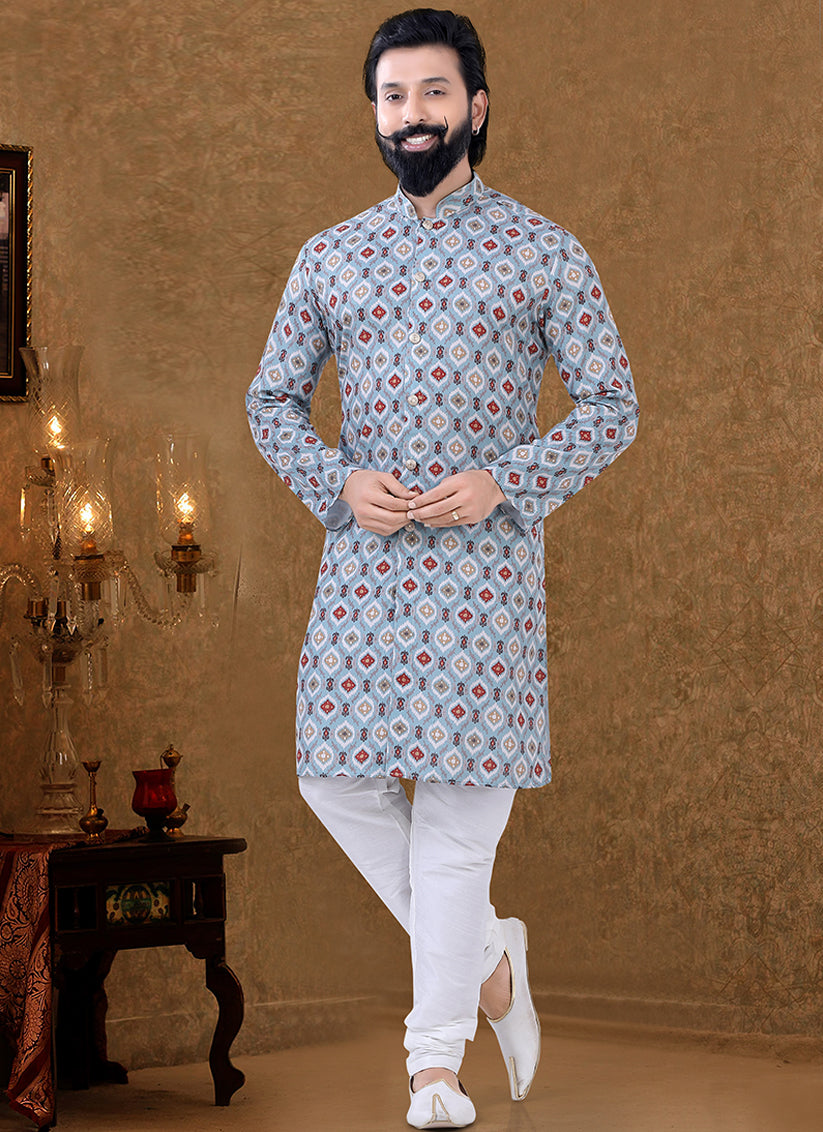 Grey Cotton Printed Mens Kurta Pyjama Set