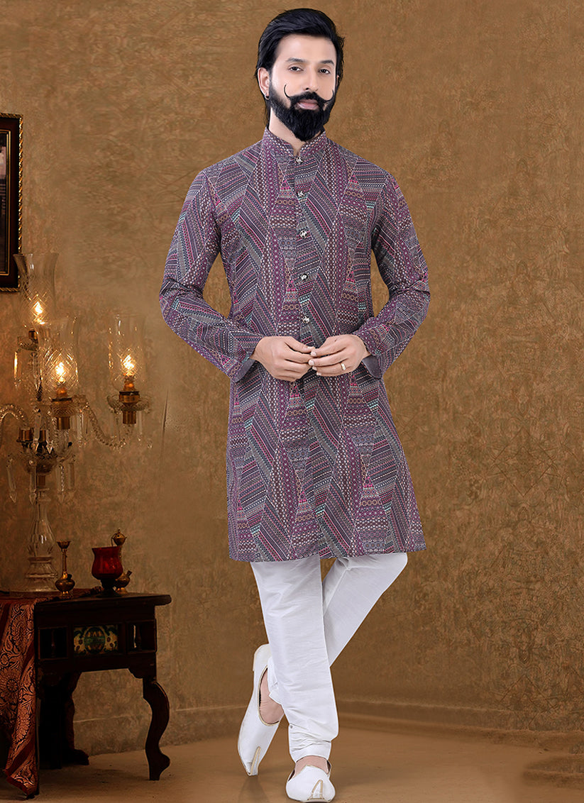 Grey Cotton Printed Mens Kurta Pyjama Set