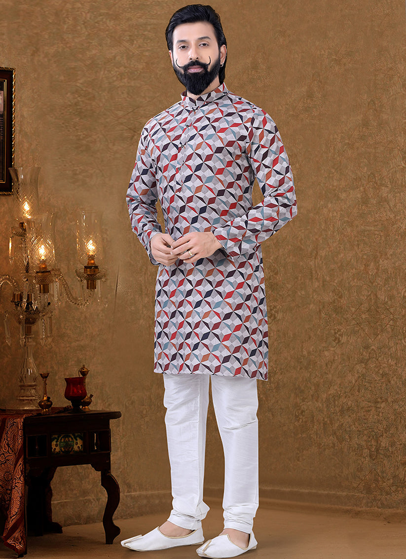 Grey Cotton Printed Mens Kurta Pyjama Set