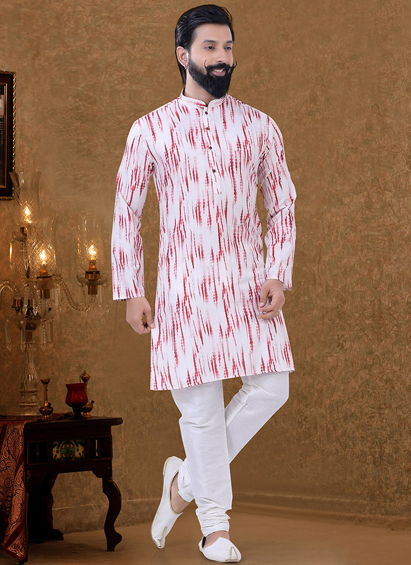 White Cotton Printed Mens Kurta Pyjama Set