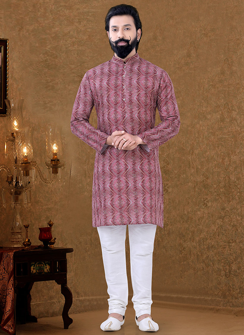 Marron Cotton Printed Mens Kurta Pyjama Set