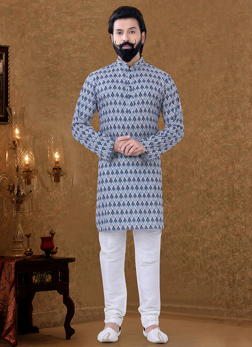Grey Cotton Printed Mens Kurta Pyjama Set