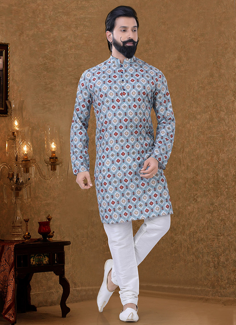 Grey Cotton Printed Mens Kurta Pyjama Set