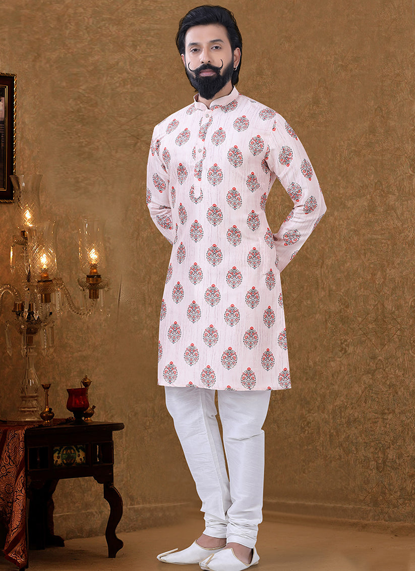 Pink Cotton Printed Mens Kurta Pyjama Set