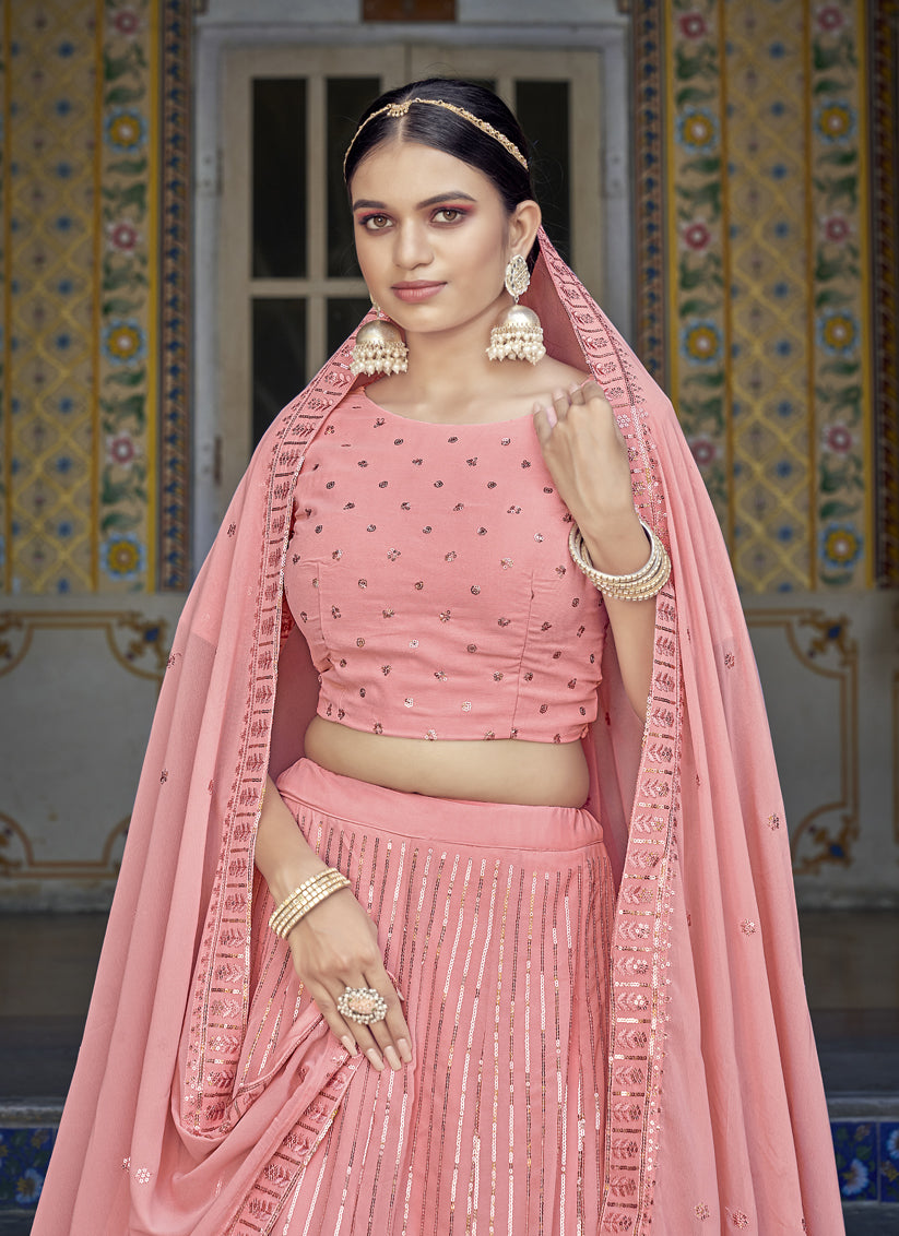 Salmon Pink Georgette Sequins Designer Lehenga Choli