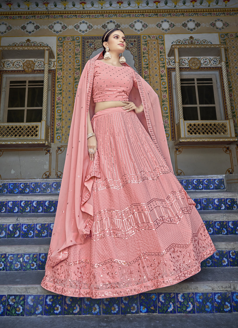 Salmon Pink Georgette Sequins Designer Lehenga Choli