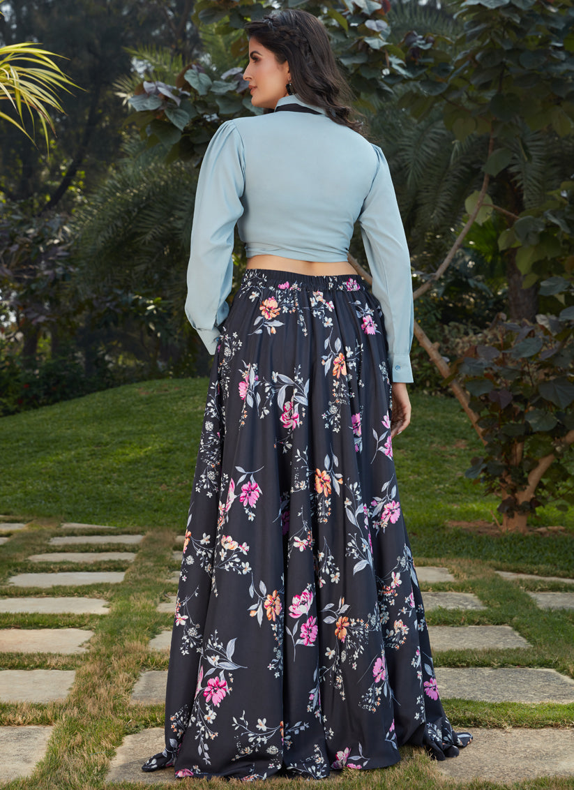 Grey Georgette Printed Top with Skirt