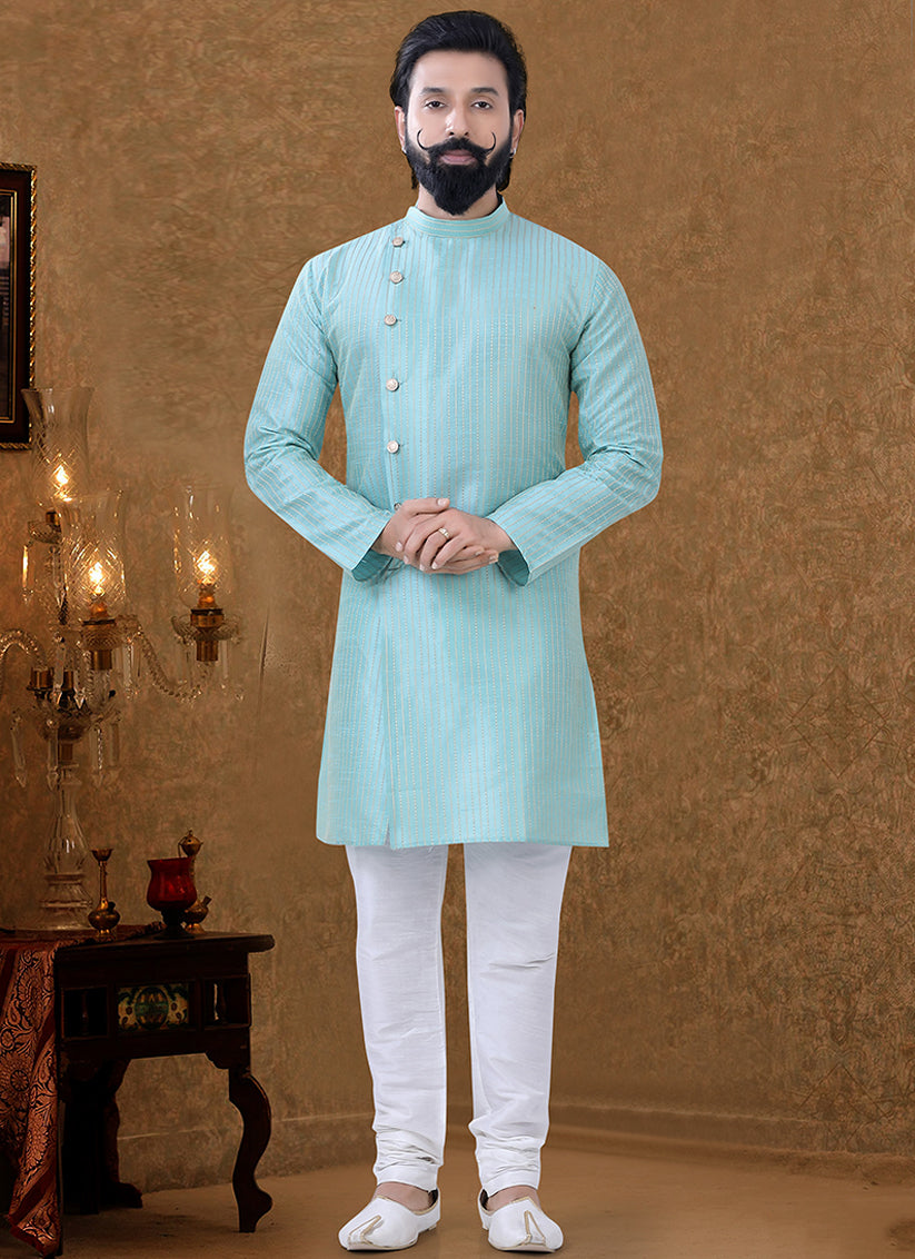 Sea Green Silk Printed Mens Kurta Pyjama Set