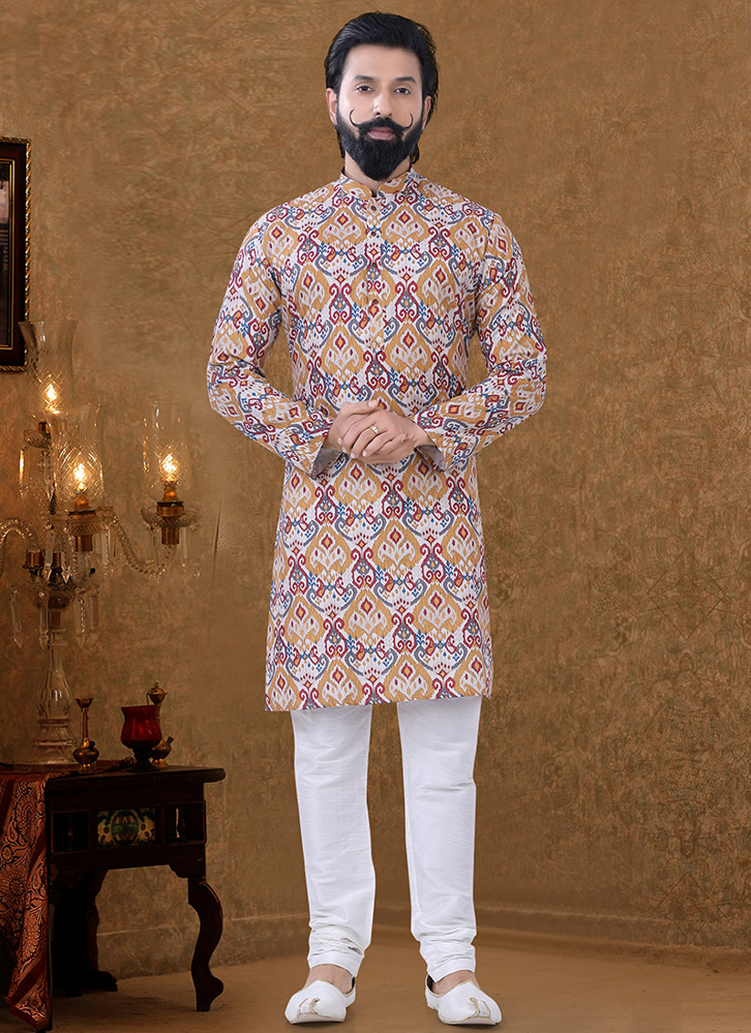 Cream Cotton Printed Mens Kurta Pyjama Set
