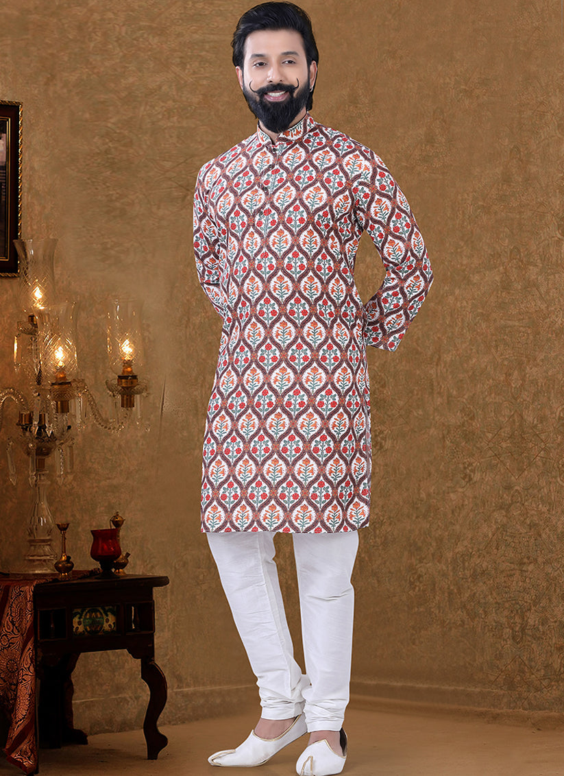 Cream Cotton Printed Mens Kurta Pyjama Set