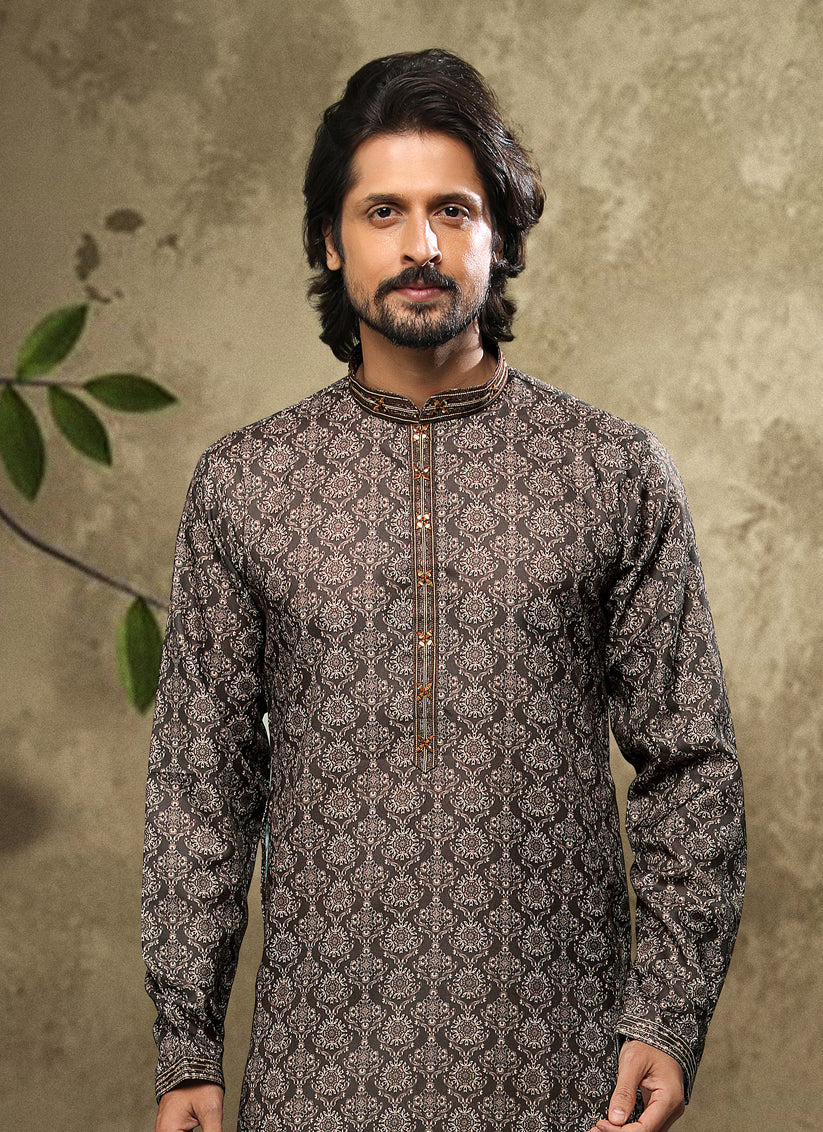 Oak Brown Handloom Cotton Mens Kurta Pyjama Set