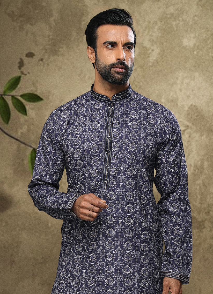 Navy Blue Handloom Cotton Mens Kurta Pyjama Set