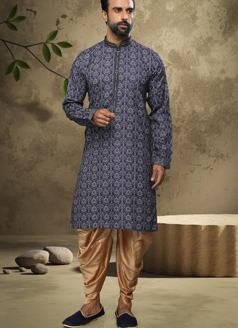 Navy Blue Handloom Cotton Mens Kurta Pyjama Set