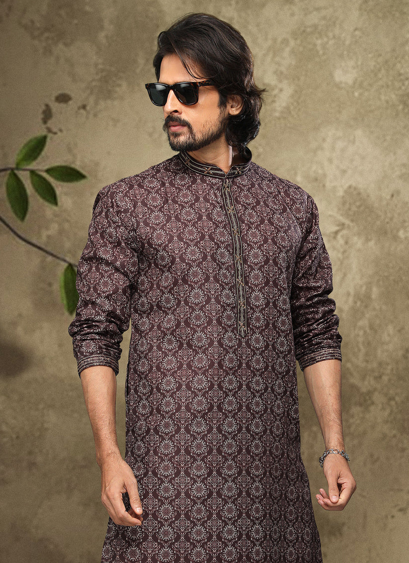 Coffee Brown Handloom Cotton Mens Kurta Pyjama Set