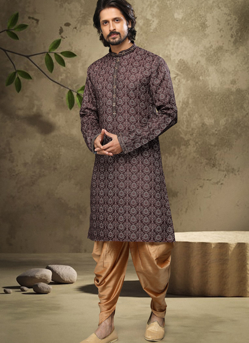 Coffee Brown Handloom Cotton Mens Kurta Pyjama Set