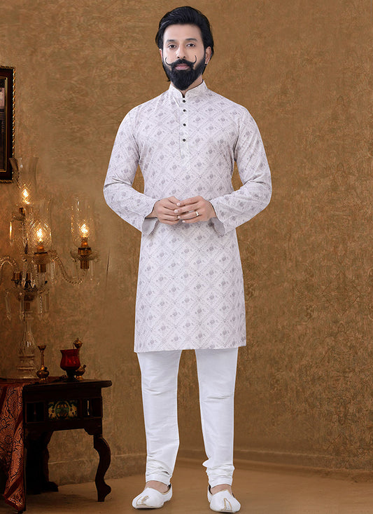 Creamy White Cotton Printed Ready Made Mens Kurta Pyjama Set