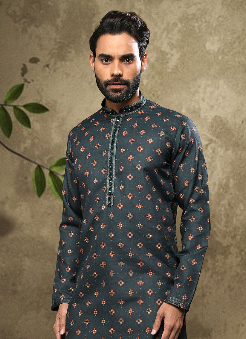 Slate Grey Handloom Cotton Mens Kurta Pyjama Set
