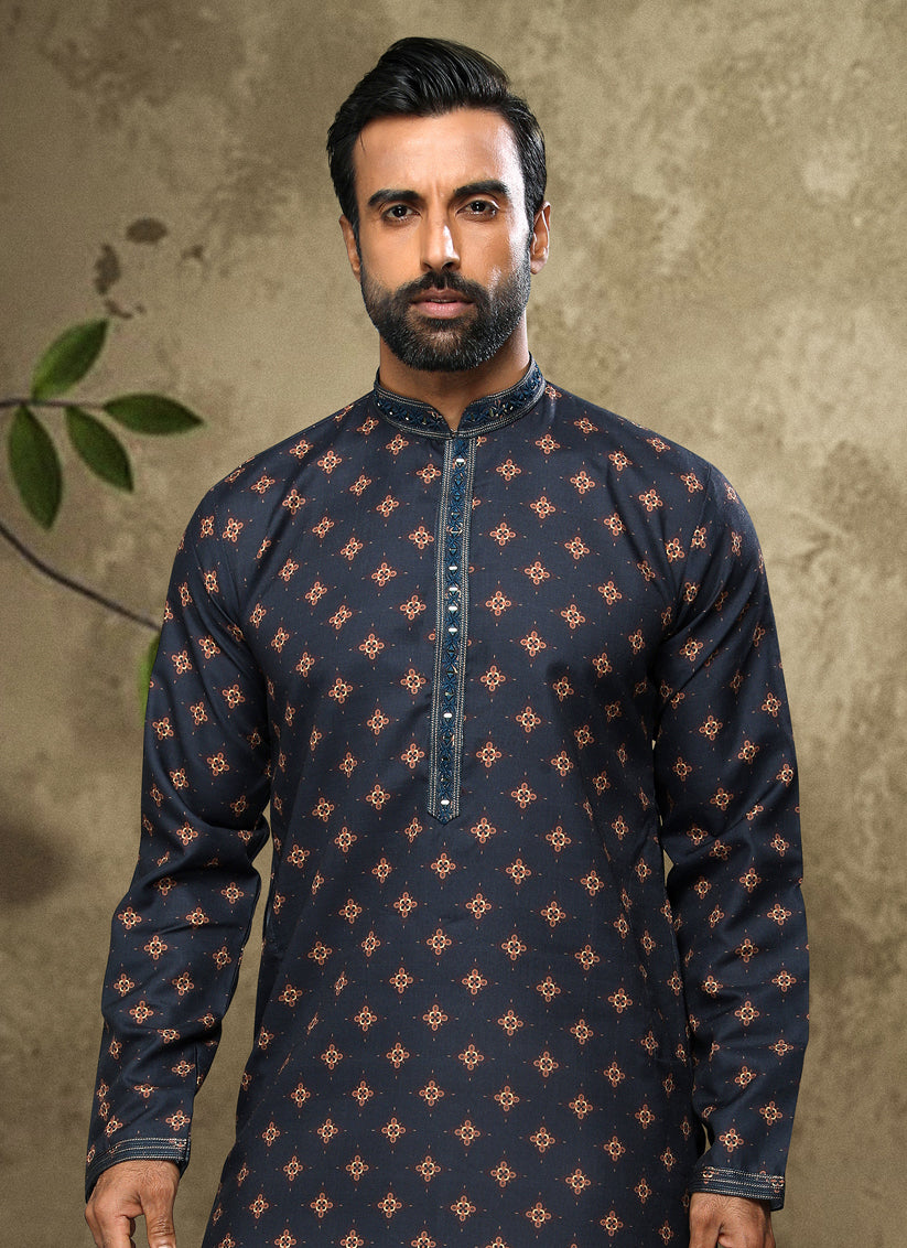 Midnight Blue Handloom Cotton Mens Kurta Pyjama Set