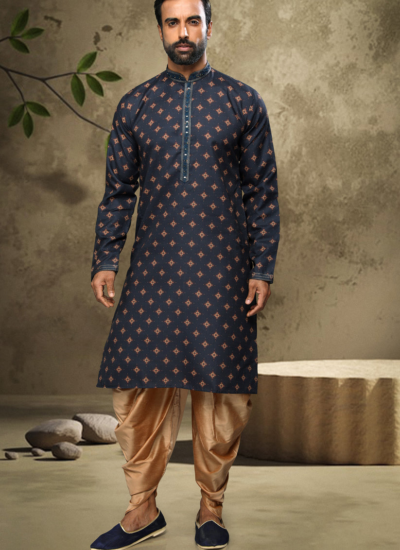 Midnight Blue Handloom Cotton Mens Kurta Pyjama Set