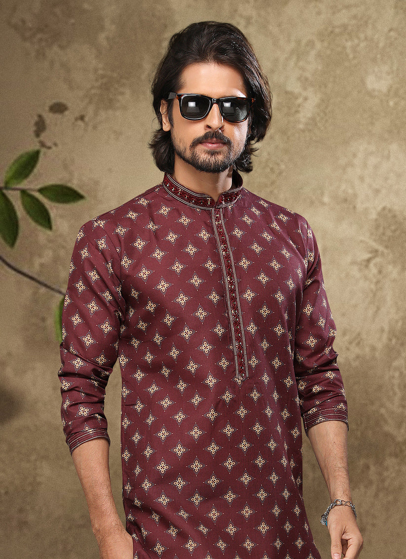 Maroon Handloom Cotton Mens Kurta Pyjama Set